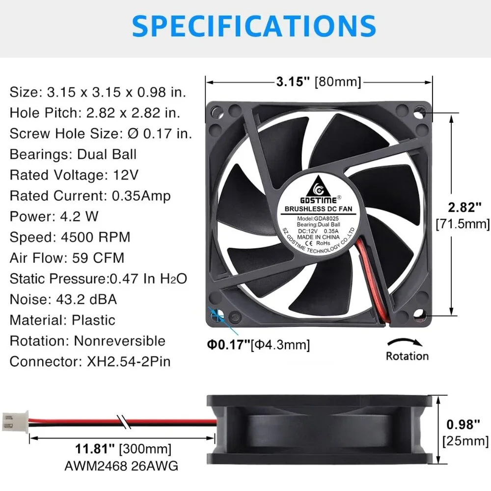 2 Pack 80mm x 25mm Dual Ball Bearings High Speed 4500RPM 12V DC Brushless Coolin - Picture 6 of 8